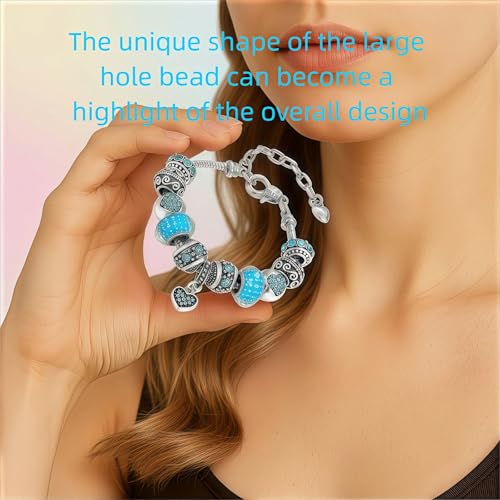 Pink Hearts Silver Plated Charm Bracelet, DIY Jewelry for Women with Beads, Charms, and Adjustable Snake Chain, Fits 7.5"+1.5" - color: Blue, size: 19cm