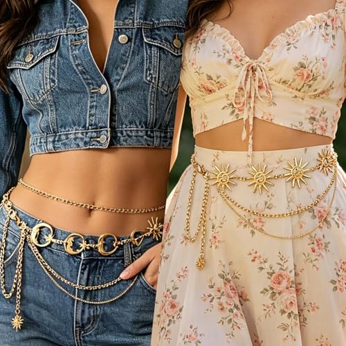 2Pcs Layered Waist Chains Boho Belt for Women Gold Multilayer Metal Adjustable Fashion Accessories Dress Hip Chain Belt Adjustable Body Belly Chain with Moon Star Sun