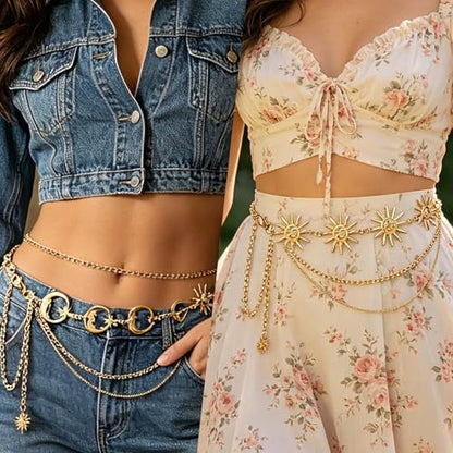 2Pcs Layered Waist Chains Boho Belt for Women Gold Multilayer Metal Adjustable Fashion Accessories Dress Hip Chain Belt Adjustable Body Belly Chain with Moon Star Sun