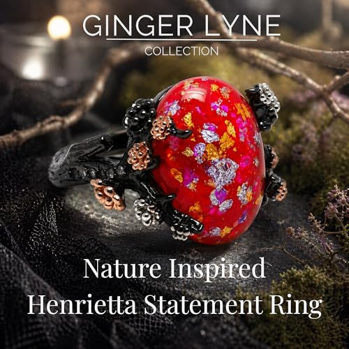 Henrietta Gothic Opal Ring for Women, Fantasy Promise Ring by Ginger Lyne | Simulated White Fire Opal, Cubic Zirconia Black Rose Gold Plated Bold Jewelry Statement Piece For Engagements, Gifts & Events - color: Red