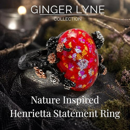 Henrietta Gothic Opal Ring for Women, Fantasy Promise Ring by Ginger Lyne | Simulated White Fire Opal, Cubic Zirconia Black Rose Gold Plated Bold Jewelry Statement Piece For Engagements, Gifts & Events - color: Red