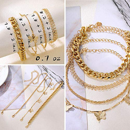 IFKM 6 PACK (24 PCS) Boho Gold Chain Bracelets Set for Women, 14K Gold Plated Multiple Layered Stackable Open Cuff Wrap Bangle Adjustable Link Italian Cuban Jewelry for Women Gift - style: 24 PCS Chains
