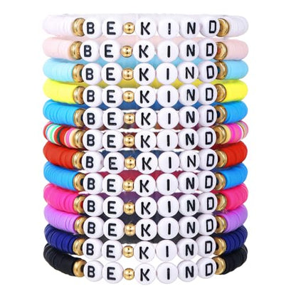 Heishi Surfer Clay Bead Bracelets Set for Women - Preppy Smile Evil Eye Beaded Stretch Bracelets Elastic Layering Friendship Bracelets- Stackable Boho Disc Summer Jewelry Set - color: 12PC-BE KIND