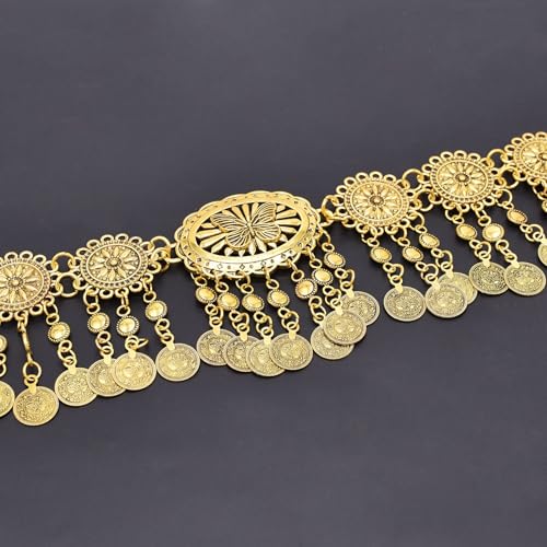 CHIC DIARY Metal Chain Belt for Women Coin Belly Link Tassel Belt for Dress | Boho Style Coin Pendant Tassel Belt Gold/Silver Adjustable Concho Belly Dance Belts for Dresses Skirts Jeans - color: Gold-dance