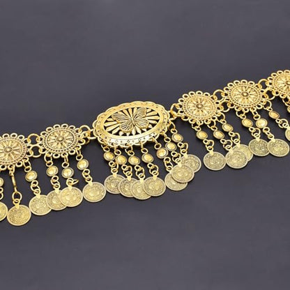CHIC DIARY Metal Chain Belt for Women Coin Belly Link Tassel Belt for Dress | Boho Style Coin Pendant Tassel Belt Gold/Silver Adjustable Concho Belly Dance Belts for Dresses Skirts Jeans - color: Gold-dance