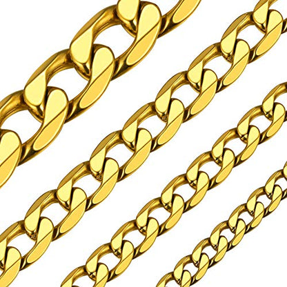 ChainsHouse Stainless Steel Cuban Link Chain Necklace for Mens Jewelry | 4mm/6mm/9mm/13mm Width Flat Cuban Chain, Black/14K Gold Plated Hip Hop Jewelry Mens Necklace 14"-30" Length with Gift Box