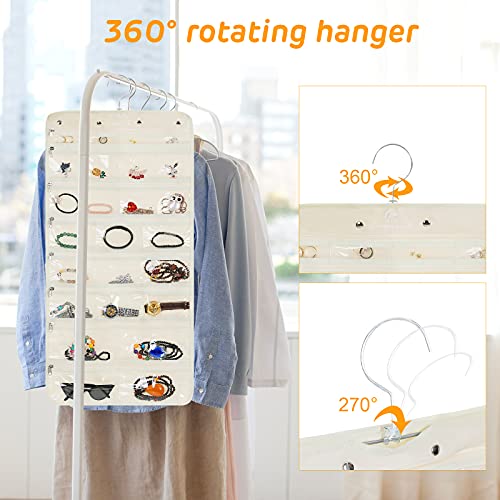 Freegrace Hanging Jewelry Organizer Revolving Hanger - Secure Zipper Closure - 25 Pockets,23 Hooks - Foldable Storage & Display Solution - For All Jewelry & Bijoux (Beige)