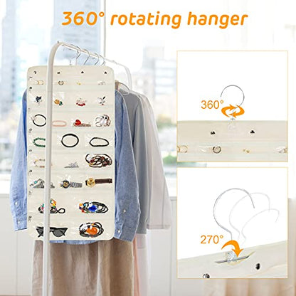 Freegrace Hanging Jewelry Organizer Revolving Hanger - Secure Zipper Closure - 25 Pockets,23 Hooks - Foldable Storage & Display Solution - For All Jewelry & Bijoux (Beige)
