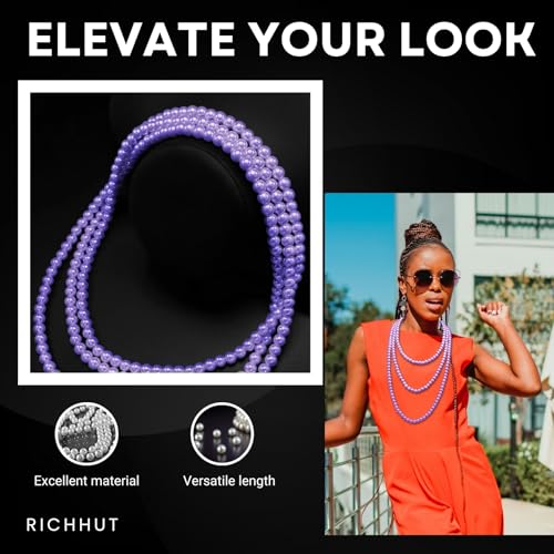 Women's Long Pearl Necklace - Natural Cultured Pearls - Luxurious 8mm Strand Pearls - 1920s Timeless Elegance - Great for Wives, Girlfriends, Sisters, and Besties - Length 60In/71In - color: Royal Violet, size: 60In