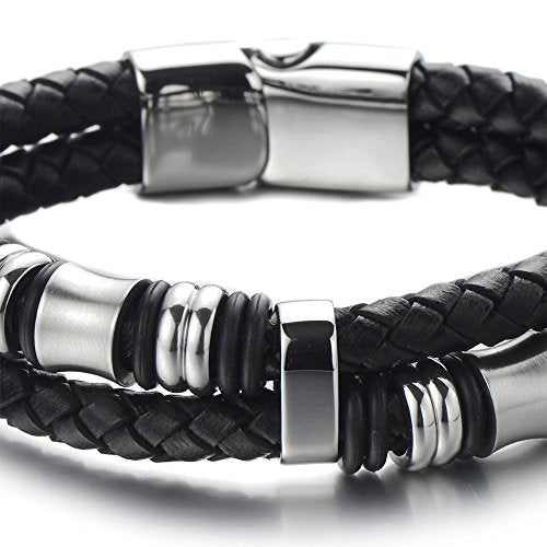 COOLSTEELANDBEYOND Mens Double-Row Braided Leather Bracelet Bangle Wristband with Black Stainless Steel Ornaments - color: B-Black Silver