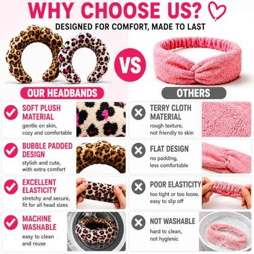 Leopard Spa Headbands for Women Teen Girls, Head Band for Washing your Face, Makeup Hair Band for Washing Face，Puffy Makeup Washing, Mask, Thick Padded Terry Cloth Hair Accessories (Classic & Pink)