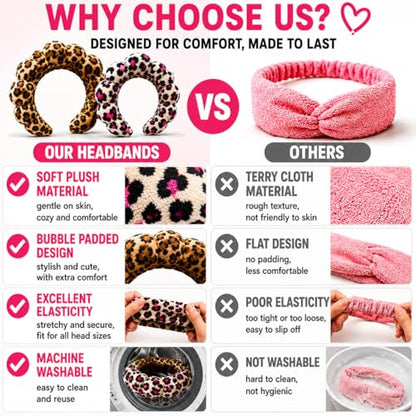 Leopard Spa Headbands for Women Teen Girls, Head Band for Washing your Face, Makeup Hair Band for Washing Face，Puffy Makeup Washing, Mask, Thick Padded Terry Cloth Hair Accessories (Classic & Pink)