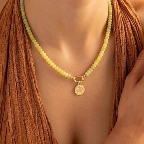 CONRAN KREMIX Colorful Stone Beaded Necklace for Women,Natural Gemstone Bead Choker Necklaces Boho Summer Beach Layering Necklace Jewelry Gift for Women - color: Yellow