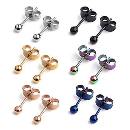 20G Mix Color Stainless Steel Ball Clear CZ Stud Earrings for Men Women Round 3-8mm 6-12Pairs - style: 6Pairs - 3mm