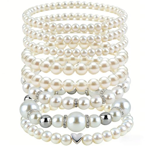 8pcs Faux Pearl Bracelets for Women, Stackable Stretchy Bridal Jewelry Set, Elastic Layered Bracelets for Wedding Bridesmaid Party Prom Christmas - color: silver