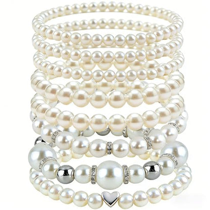 8pcs Faux Pearl Bracelets for Women, Stackable Stretchy Bridal Jewelry Set, Elastic Layered Bracelets for Wedding Bridesmaid Party Prom Christmas - color: silver
