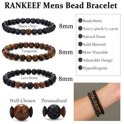 Mens Bead Bracelet Set - Adjustable Elastic Rope With 6&8MM Natural Stone Multi-Colored Beads - Tiger Eye Bracelets for Men - Gift - style: 3,tiger eye,black bracelet