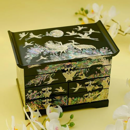 February Mountain Mother of Pearl Wooden Jewelry Organizer Box – Jewelry Storage Box for Women, Features Spacious Drawers, Ideal for Rings, Bracelets, Watches, Chains, Accessories (Crane_Black) - style: Crane_Black