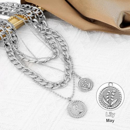 MJartoria Gold Layered Necklaces for Women Trendy Retro Birthflower Coin Pendant Necklace Dainty Chunky Chain Choker Necklaces for Jewelry Birthday Gifts - color: Silvery, style: May Birthflower-Lily