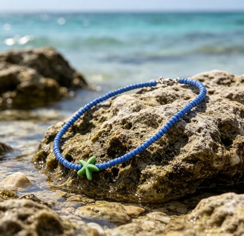 Seed Bead Choker Necklace for Women Bohemian Tiny Beads Choker Colorful Rice Bead Starfish Choker Summer Surfer Beach Necklace Jewelry Gift - color: Blue