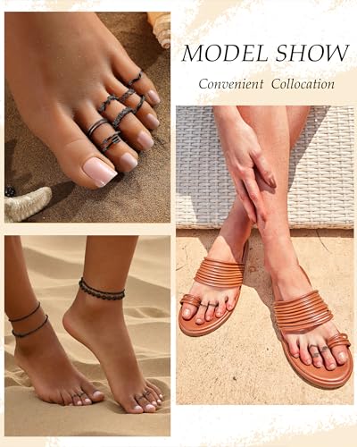 TOBENY 12PCS Gold Toe Rings for Women Non Tarnish Adjustable Open Set | Rose Black Waterproof Toe Ring Set, Sterling Silver Toe Rings, Flower Arrow Tail Band, Dainty Summer Beach Foot Jewelry - color: D-Black Color