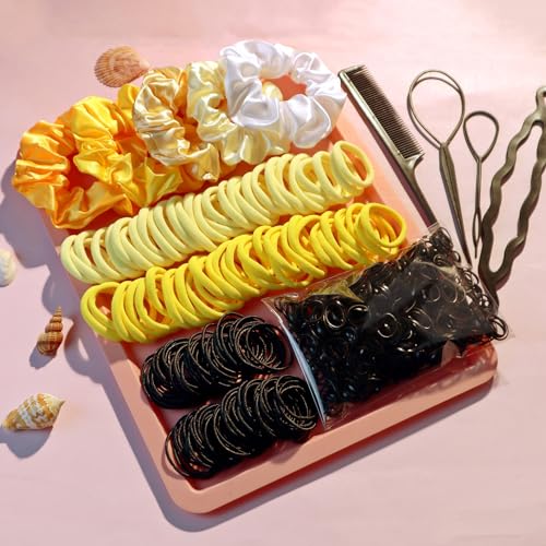 YANRONG Women's Hair Accessories Set: 755 Seamless Ponytail Holders, Variety Hair Scrunchies, Bands, and Ties for Thick and Curly Hair (Yellow) - color: 755PCS（Yellow)
