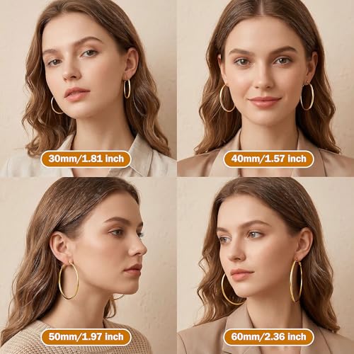8 Pairs Gold Hoop Earrings for Women, 14K Gold Plated and Silver Hoops, Hypoallergenic Stainless Steel Classic Thin Large Set 30/40/50/60mm (1.18–2.36in) - color: 8 Pairs Gold/Silver-30/40/50/60mm