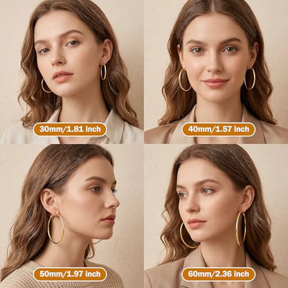 8 Pairs Gold Hoop Earrings for Women, 14K Gold Plated and Silver Hoops, Hypoallergenic Stainless Steel Classic Thin Large Set 30/40/50/60mm (1.18–2.36in) - color: 8 Pairs Gold/Silver-30/40/50/60mm