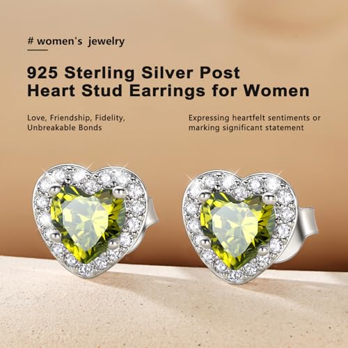Bestyle 8mm Small Birthstone Earrings for Women with Hypoallergenic Sterling Silver Post,Sparkle Heart/Round Womens Studs Earrings, Great Birthday/Christmas/Anniversary Jewelry for Wife Mother - color: 08. Aug.Peridot-Heart