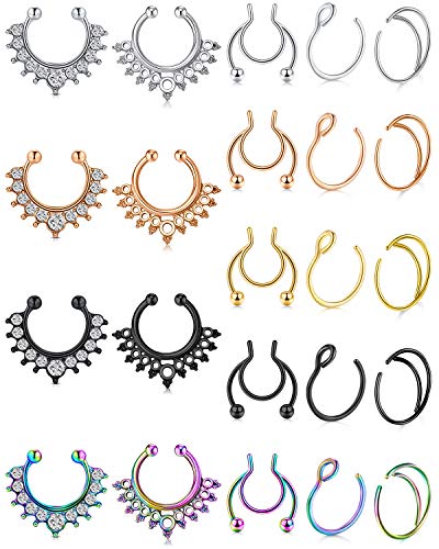 D.Bella Fake Septum Hoop 20G Faux Nose Piercing Hoop Clip on Nose Rings Non Piercing Fake Septum Lip Ear Ring Faux Body Piercing Jewelry for Women Men - color: Color L