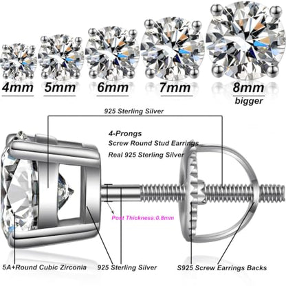 Jiamiaoi Stud Earrings Screw Back Sterling Silver Cubic Zirconia Stud Earrings Set 4 Millimeters-8 Millimeters Nickle Free Hypoallergenic Earring Studs - color: A-Round Cut White, size: 5mm
