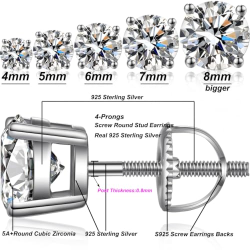 Jiamiaoi Stud Earrings Screw Back Sterling Silver Cubic Zirconia Stud Earrings Set 4 Millimeters-8 Millimeters Nickle Free Hypoallergenic Earring Studs - color: A-Round Cut White, size: 7mm