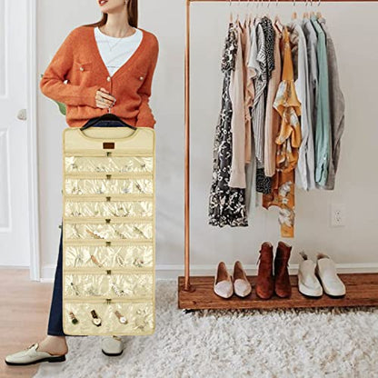 SMRITI Hanging Jewelry Organizer with Dual Zippered Pockets Canvas Double Sided Rotating Hanger Necklace Hanging Wall Organizer Earring Dustproof Holder Wall Mount Accessories Display Bag(Beige) - color: Beige