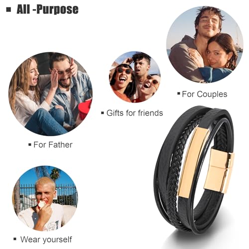 Leather Bracelet for Men Braided Stainless Steel Mens Bracelets - color: Gold