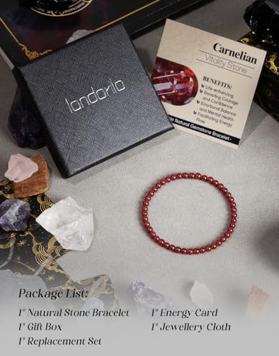 Natural Stone Beaded Bracelets for Men Women, 4mm 6mm 8mm | Healing Crystal, Protection Gemstone, Gift Packaging with Energy Card, Stretch Jewelry, Replacement Beads Included, 18 Stone - color: Carnelian(Luck & Vitality), size: 4mm