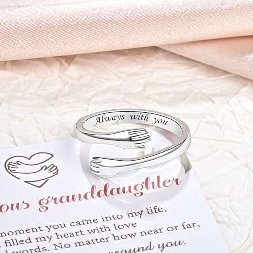 Sterling Silver Hug Ring for Women Teen Girls Adjustable Love Promise Ring Inspirational Open Rings Mothers Day Birthday Gift for Daughter Granddaughter Mom Wife Best Friend - color: Silver / Granddaughter Gift (Always with you)