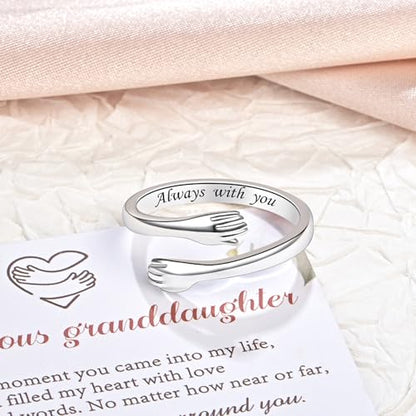 Sterling Silver Hug Ring for Women Teen Girls Adjustable Love Promise Ring Inspirational Open Rings Mothers Day Birthday Gift for Daughter Granddaughter Mom Wife Best Friend - color: Silver / Granddaughter Gift (Always with you)