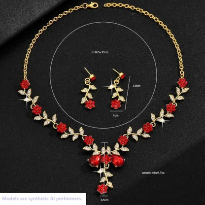 Kamirola Women's Wedding Jewelry Leaf Cluster Flower Crystal Dangle Earrings Pendant Necklace Set for BridalCrystal Bridal Jewelry Set - color: Gold Red