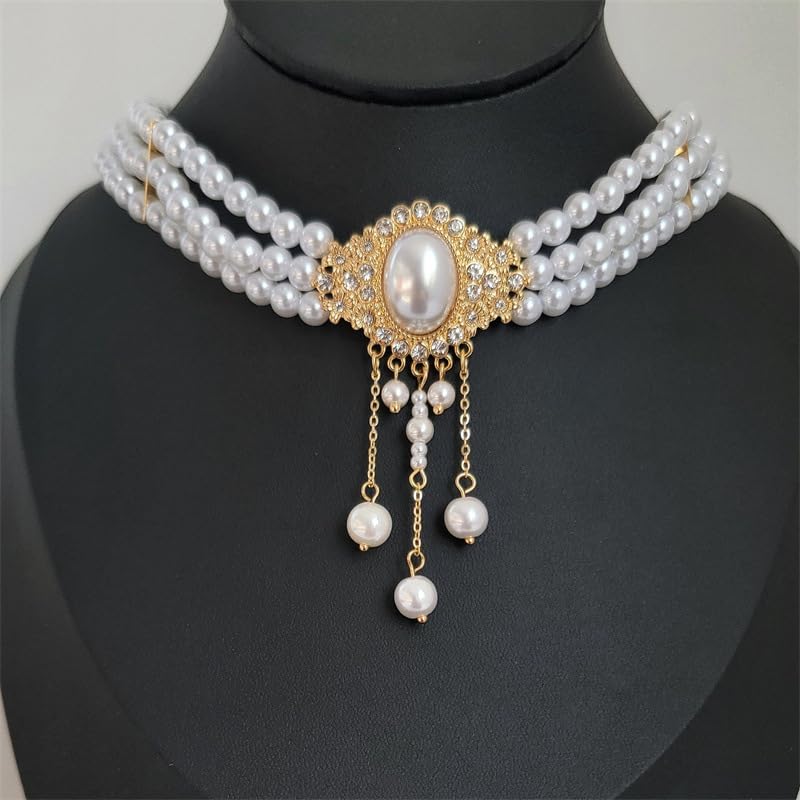 Xerling Vintage 1920s Layered Faux Pearl Choker Necklaces Imitation Pearl Rhinestones Pendant Chains Flapper Costume Necklaces for Party