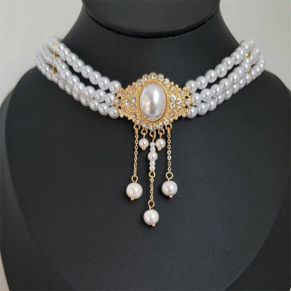 Xerling Vintage 1920s Layered Faux Pearl Choker Necklaces Imitation Pearl Rhinestones Pendant Chains Flapper Costume Necklaces for Party