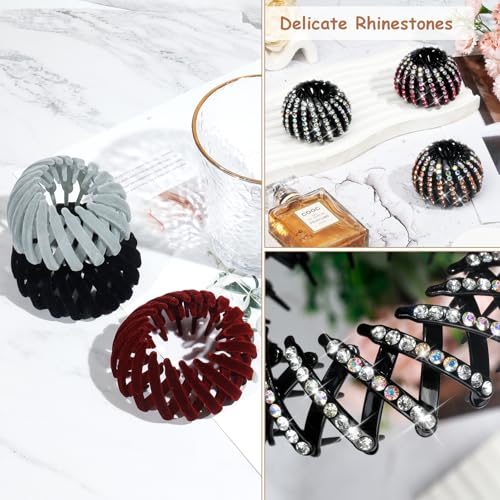 DI QIU REN 6 Pcs Expandable Bird Nest Clips Secure Ponytails and Hair Buns | Flexible Spiral Design, Sparkling Accent Detail, Lightweight Hold, Quick Styling for Thick, Thin, Curly, Straight Textures - color: Color-Velvet & Rhinestones