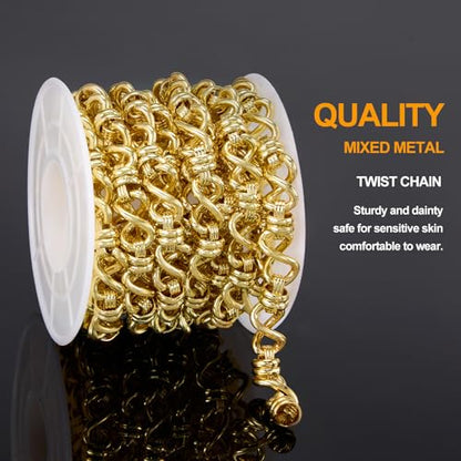 2 Meters Necklace Chains Bulk for Jewelry Making with Accessories | 18K Gold Plated Mixed Material Jewelry Making Supplies Charm Bracelet Making Chain Roll Twist Craft Chain Links - color: Twisted Gold