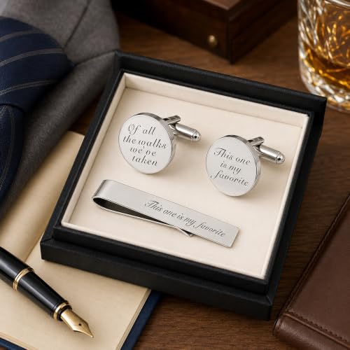 JUOOE Cufflinks for Men Tie Clip Set Cuff Links Personalized CuffLinks Gift for Groom Husband Father Boyfriend Stainless Steel Cufflinks Shirt Business Wedding Gifts - style: Silver Of all the walks we've taken