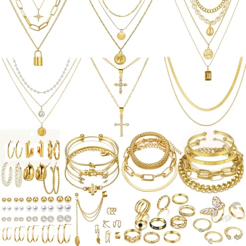 73 Pcs Gold Jewelry Set with 6Pcs Layered Necklace, 11 Pcs anklet and 7Pcs Earring Ear Cuff,12Hoop Earrings ,15pcs Rings,21pcs stud earrings Jewerly set for Women Pack for Friendship Party Gift - style: AA-gold
