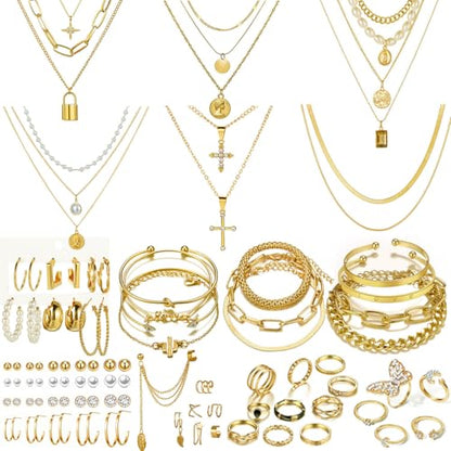 73 Pcs Gold Jewelry Set with 6Pcs Layered Necklace, 11 Pcs anklet and 7Pcs Earring Ear Cuff,12Hoop Earrings ,15pcs Rings,21pcs stud earrings Jewerly set for Women Pack for Friendship Party Gift - style: AA-gold