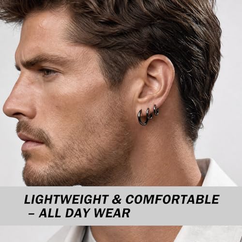 Black Hoop Earrings for Men 8mm 10mm 12mm – Surgical Stainless Steel Hypoallergenic Mens Small to Medium Hoop Earrings Set (3 Pairs) - style: G:3pairs,8mm+10mm+12mm,black