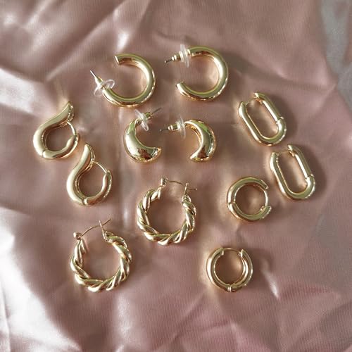 6 Pairs Gold Hoop Earrings for Women, 14K Gold Plated Huggie Hoop Earrings Set Hypoallergenic Lightweight Chunky Open Hoops Jewelry for Gift - color: Gold