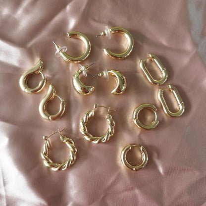 6 Pairs Gold Hoop Earrings for Women, 14K Gold Plated Huggie Hoop Earrings Set Hypoallergenic Lightweight Chunky Open Hoops Jewelry for Gift - color: Gold