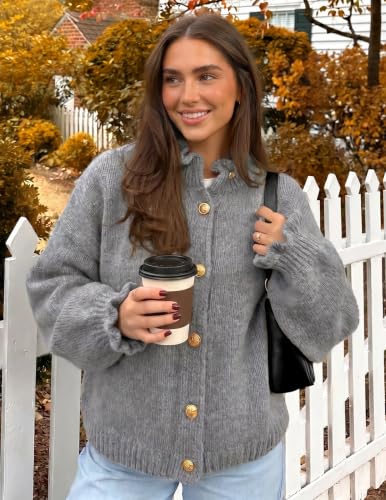 MEROKEETY Women's Fall Trendy Chunky Knit Cardigan Casual Ruffle Sweaters | Button Down, Long Sleeve, Cute Ruffle Collar, Mock Neck, Fashion Cozy Knit Sweater, Dressy Casual Winter Outerwear Clothes - color: Grey, size: X-Large
