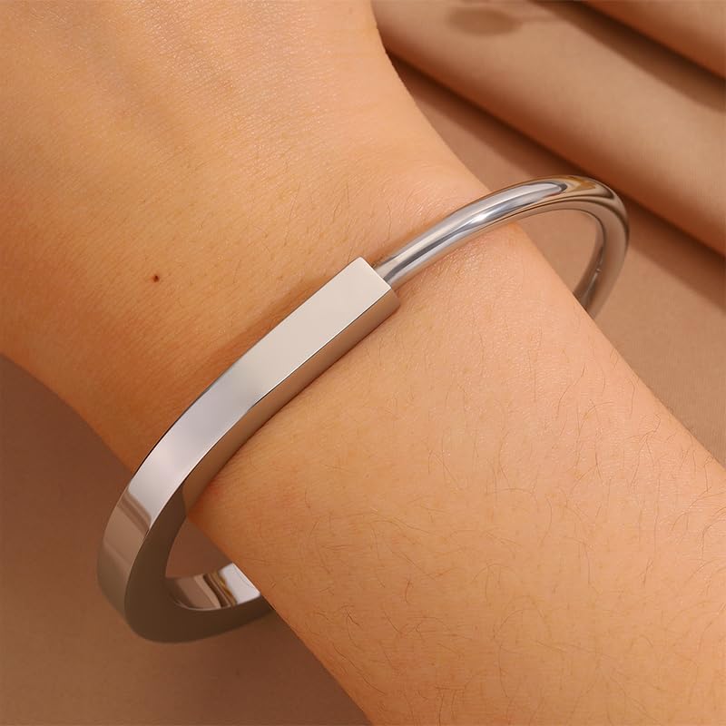 Silver Lock Bracelet for Women, Stainless Steel Open Cuff Bangle, Sleek Minimalist Hardware Jewelry